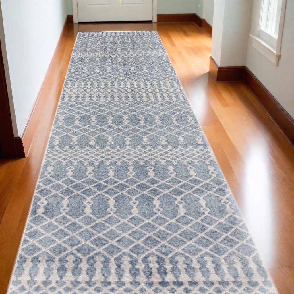 10' Runner Blue and Ivory Moroccan Power Loom Washable Runner Rug