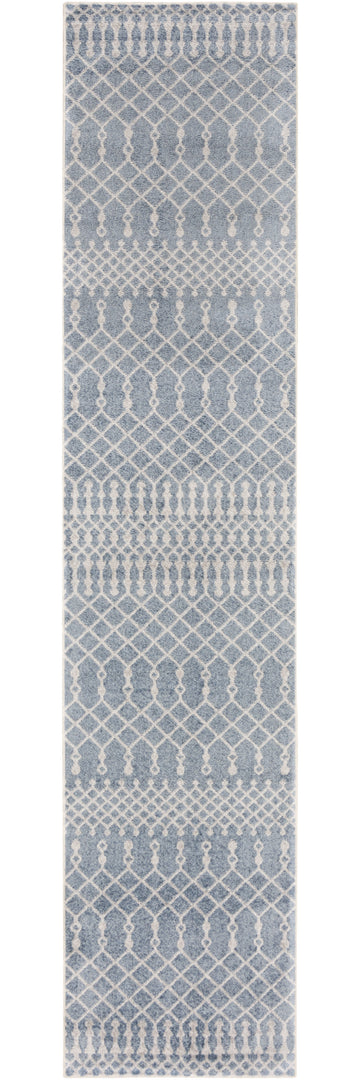 10' Runner Blue and Ivory Moroccan Power Loom Washable Runner Rug