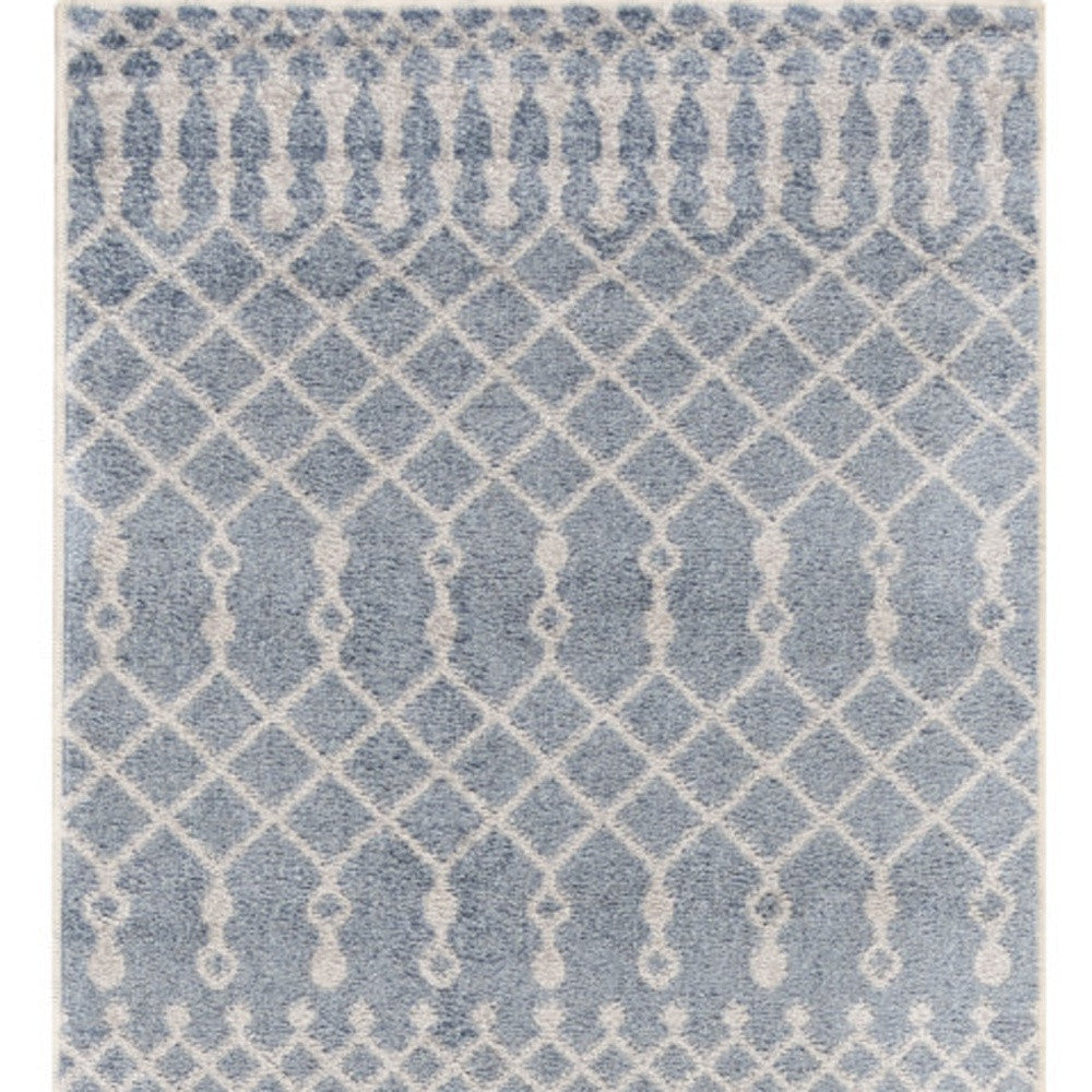 10' Runner Blue and Ivory Moroccan Power Loom Washable Runner Rug