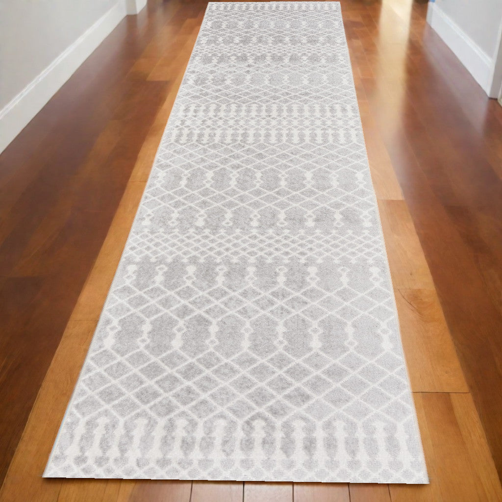 10' Runner Gray and Ivory Moroccan Power Loom Washable Runner Rug