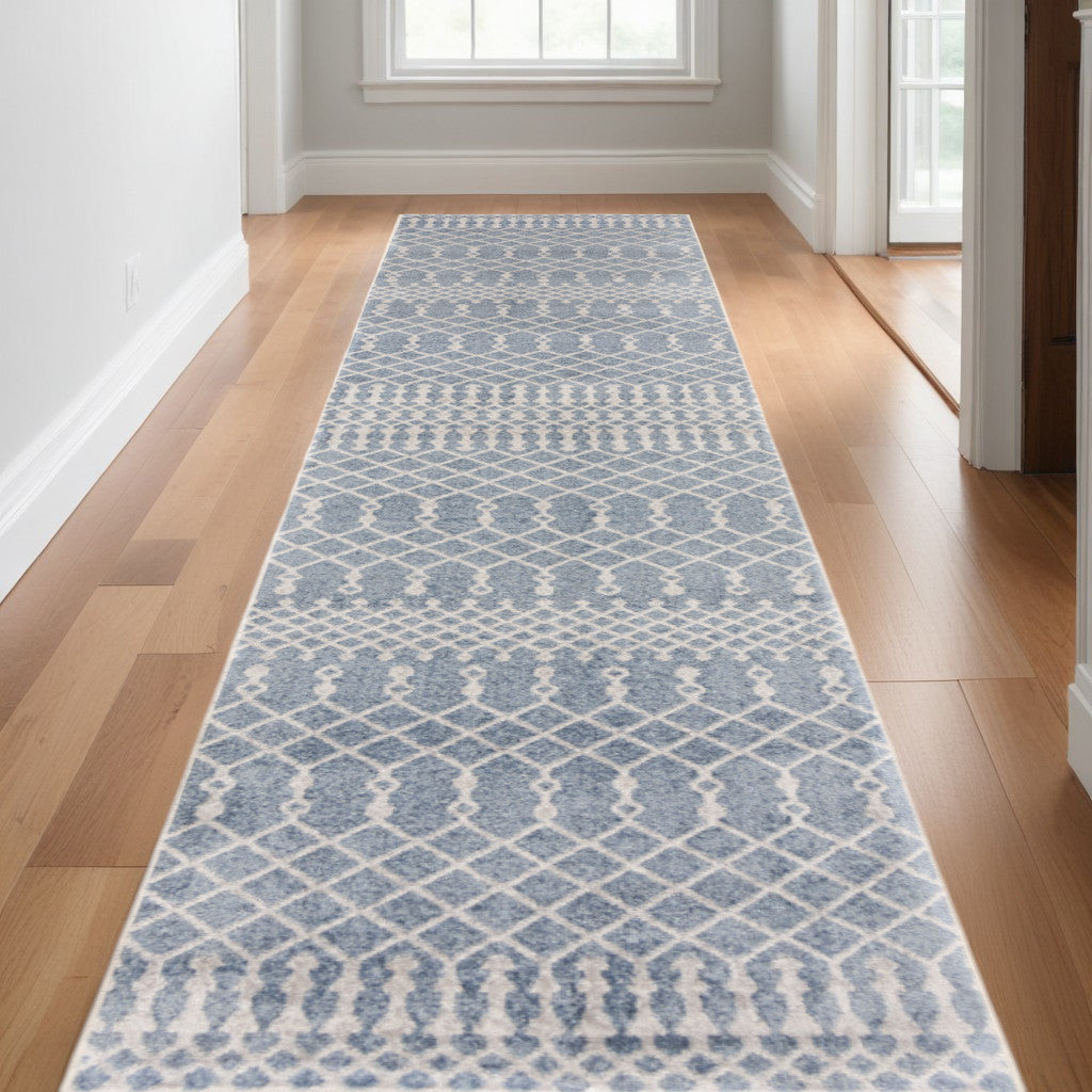 12' Runner Blue Moroccan Power Loom Runner Rug