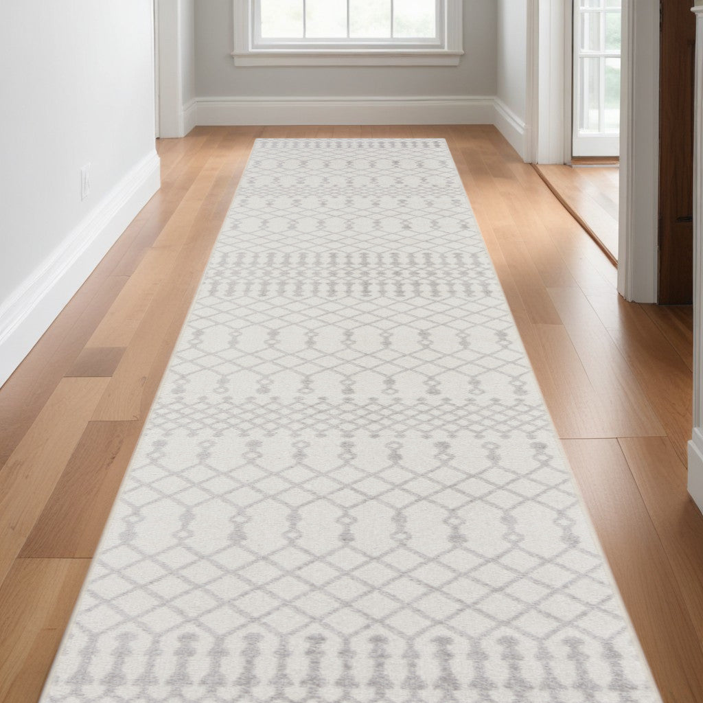 12' Runner Gray and Ivory Moroccan Power Loom Washable Runner Rug