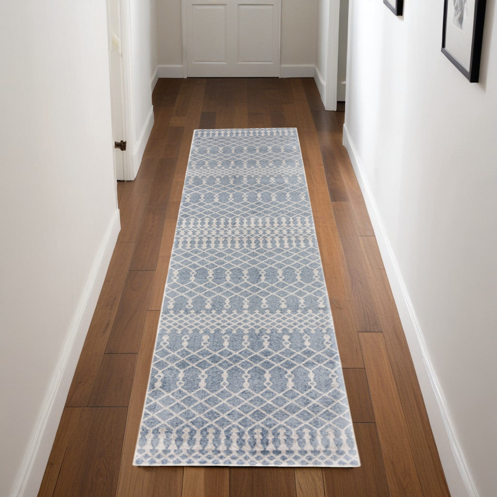 8' Runner Blue Moroccan Power Loom Runner Rug