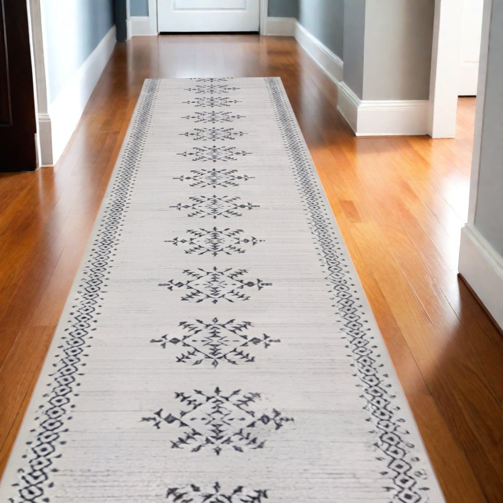 10' Runner Gray Geometric Power Loom Washable Runner Rug