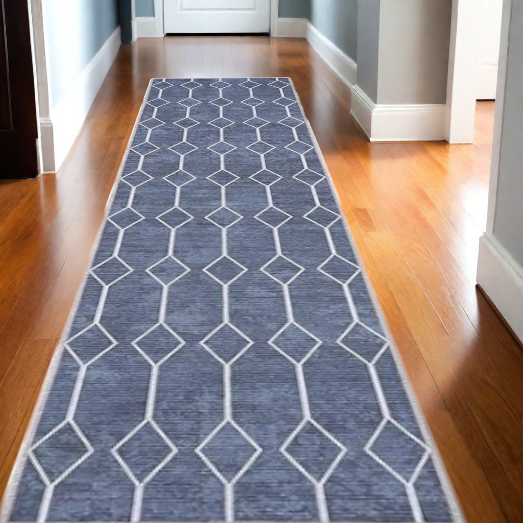 10' Runner Blue Geometric Power Loom Washable Runner Rug