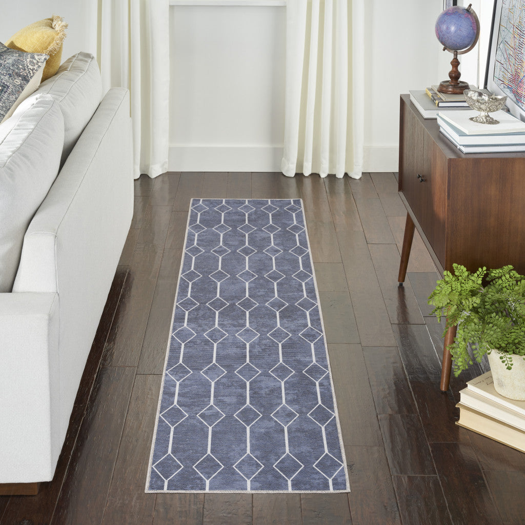 10' Runner Blue Geometric Power Loom Washable Runner Rug