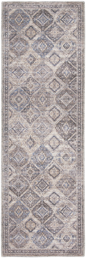 10' Ivory and Tan Floral Power Loom Distressed Washable Runner Rug