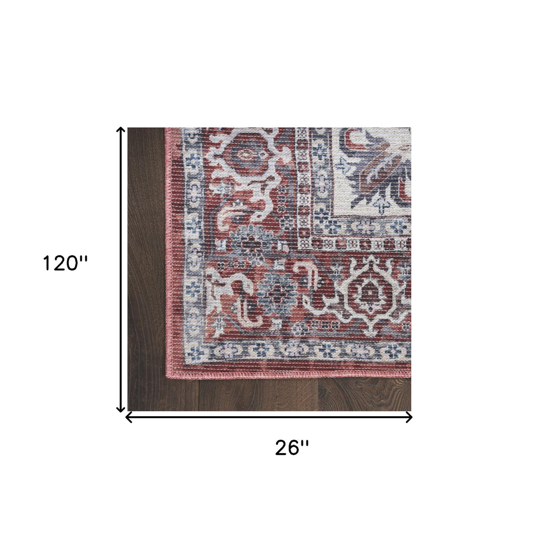 10' Red and Ivory Floral Power Loom Distressed Washable Runner Rug