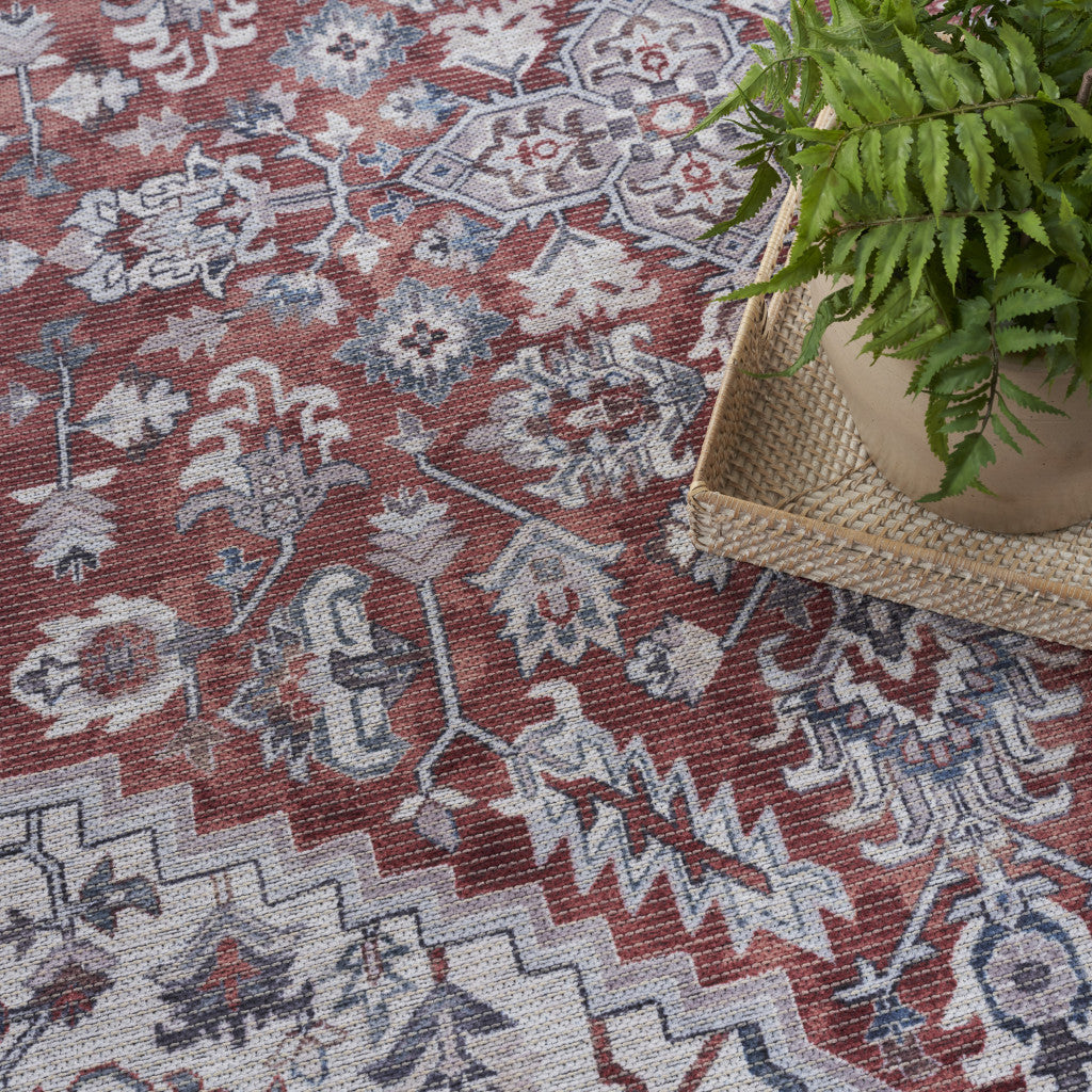 10' Red and Ivory Floral Power Loom Distressed Washable Runner Rug