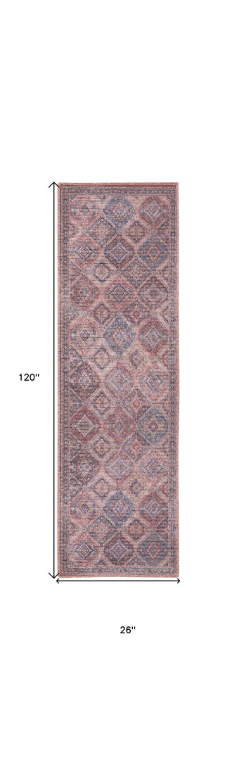 10' Blue and Red Floral Power Loom Distressed Washable Runner Rug