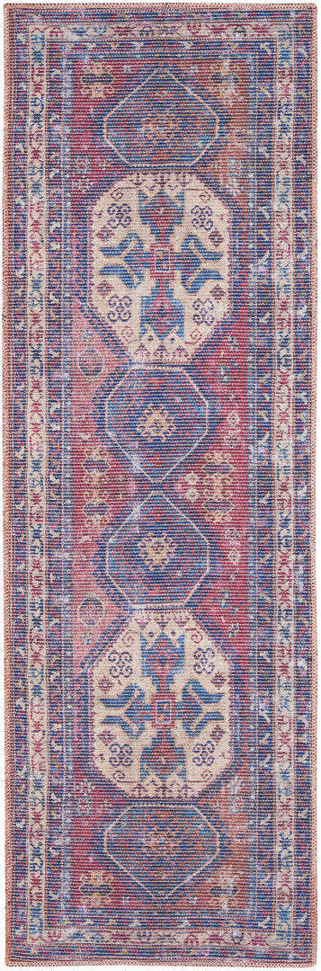 10' Blue and Red Floral Power Loom Distressed Washable Runner Rug