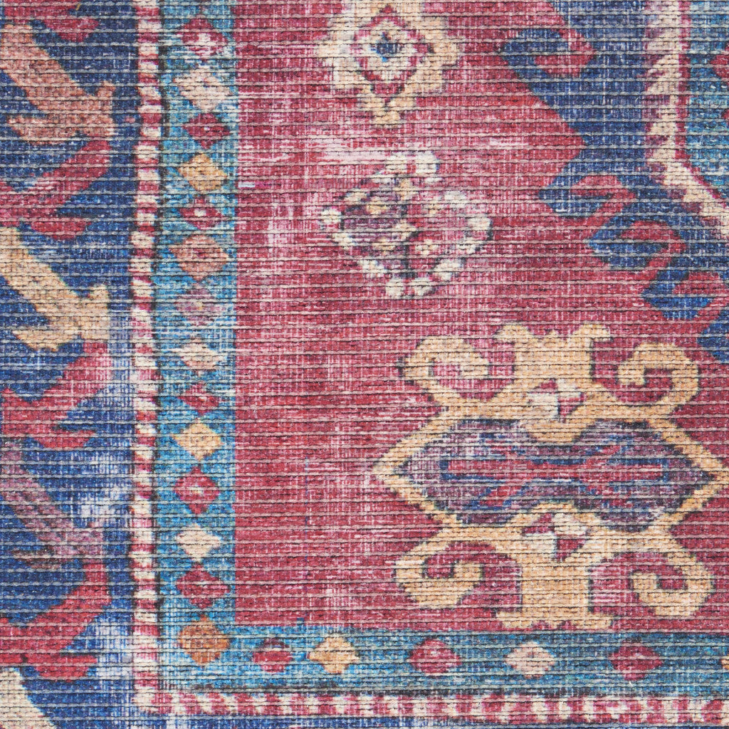 10' Blue and Red Floral Power Loom Distressed Washable Runner Rug