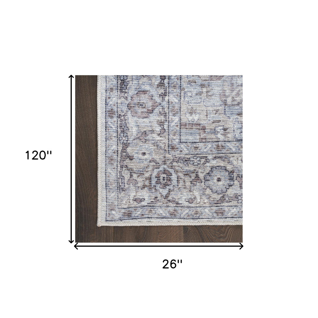 10' Beige and Ivory Floral Power Loom Distressed Washable Runner Rug