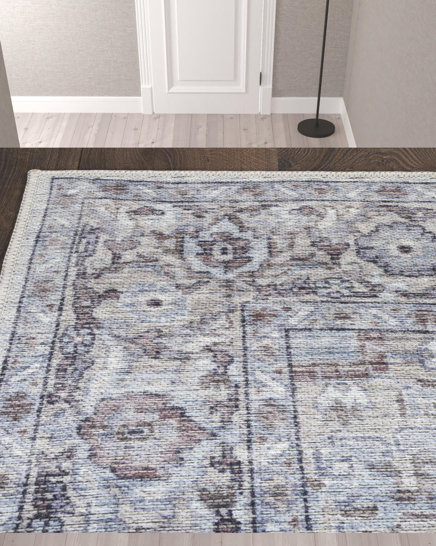 10' Beige and Ivory Floral Power Loom Distressed Washable Runner Rug