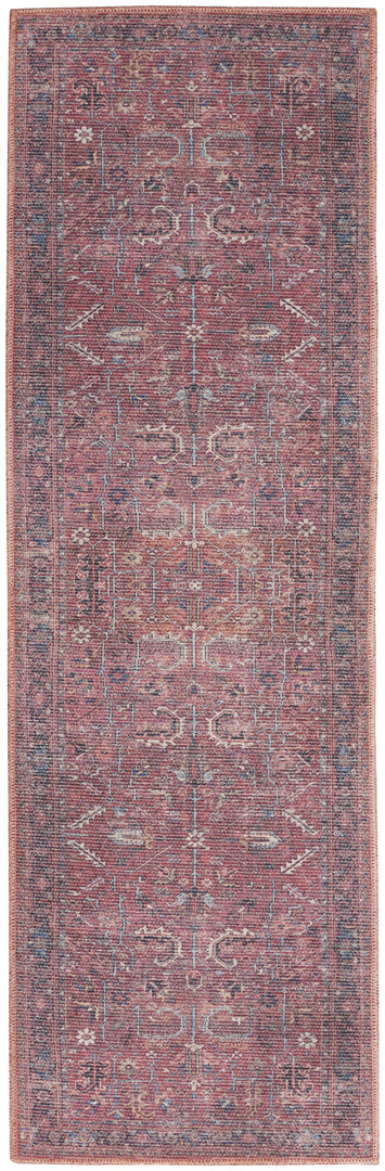 10' Blue and Red Floral Power Loom Distressed Washable Runner Rug