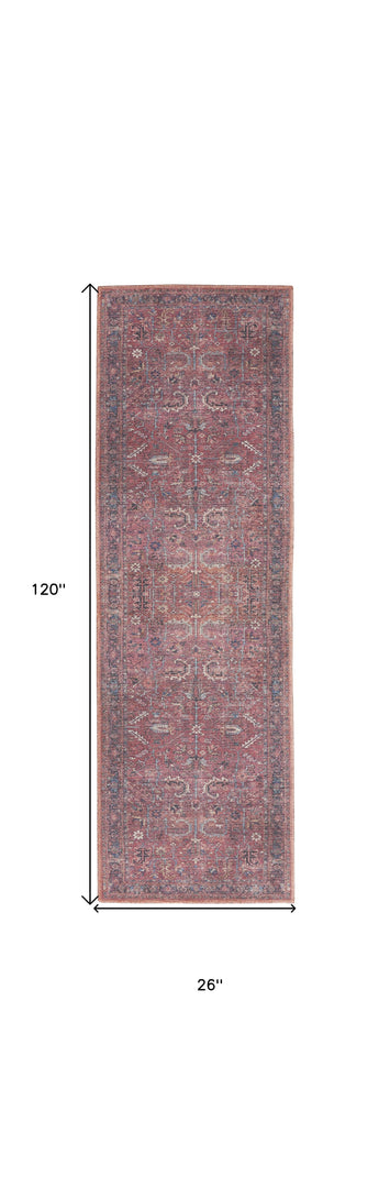 10' Blue and Red Floral Power Loom Distressed Washable Runner Rug