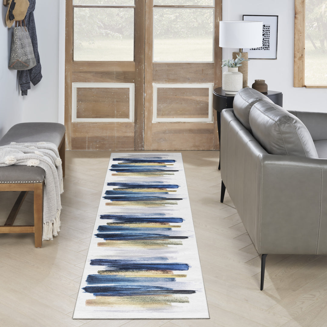 10' Runner Blue Abstract Power Loom Washable Non Skid Runner Rug