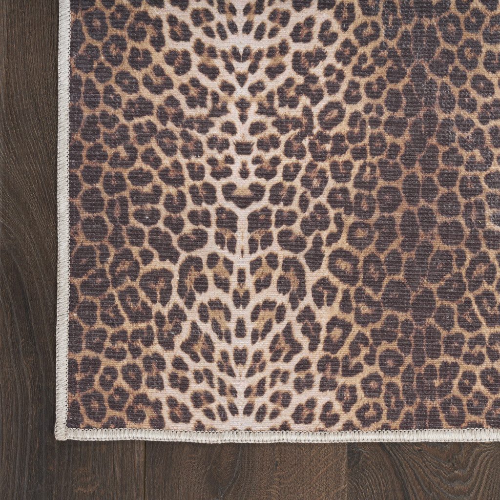 10' Runner Brown Leopard Print Power Loom Washable Non Skid Runner Rug