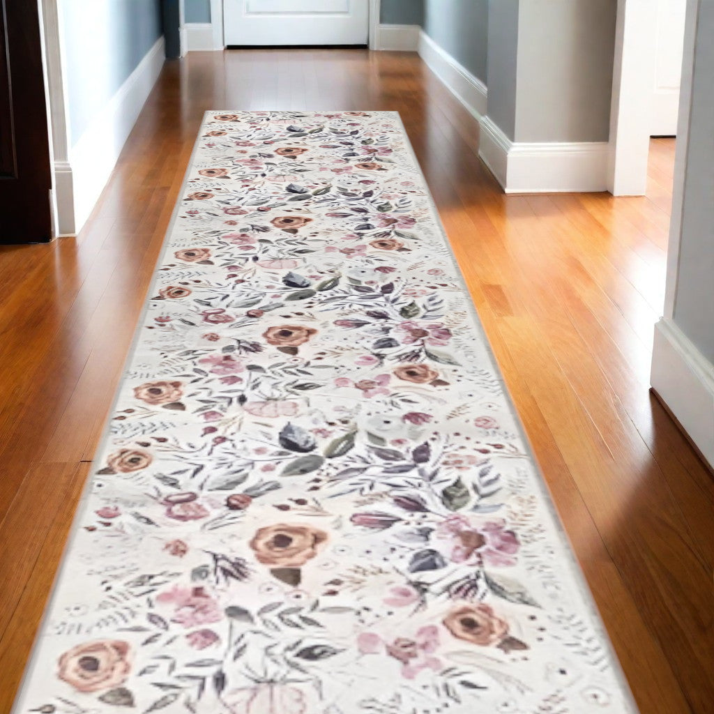 10' Runner Ivory Floral Power Loom Washable Non Skid Runner Rug