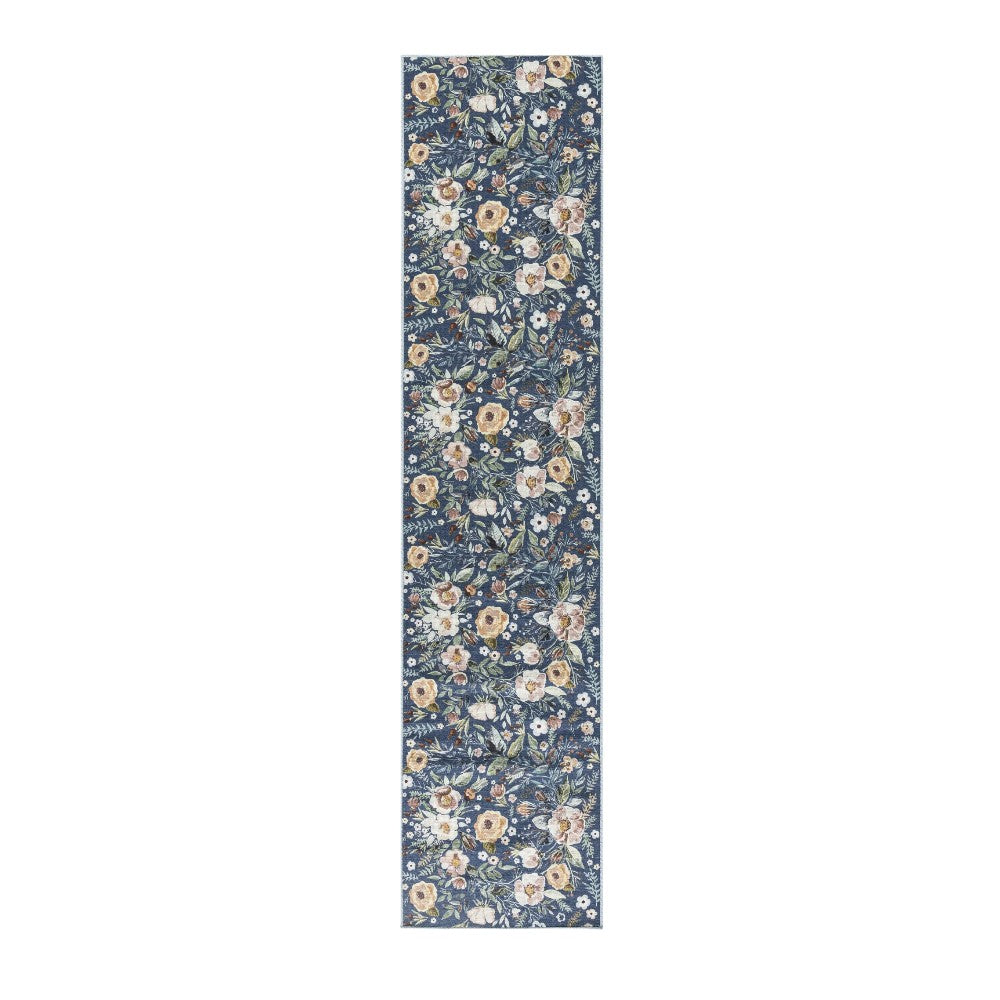 10' Runner Blue Floral Power Loom Washable Non Skid Runner Rug