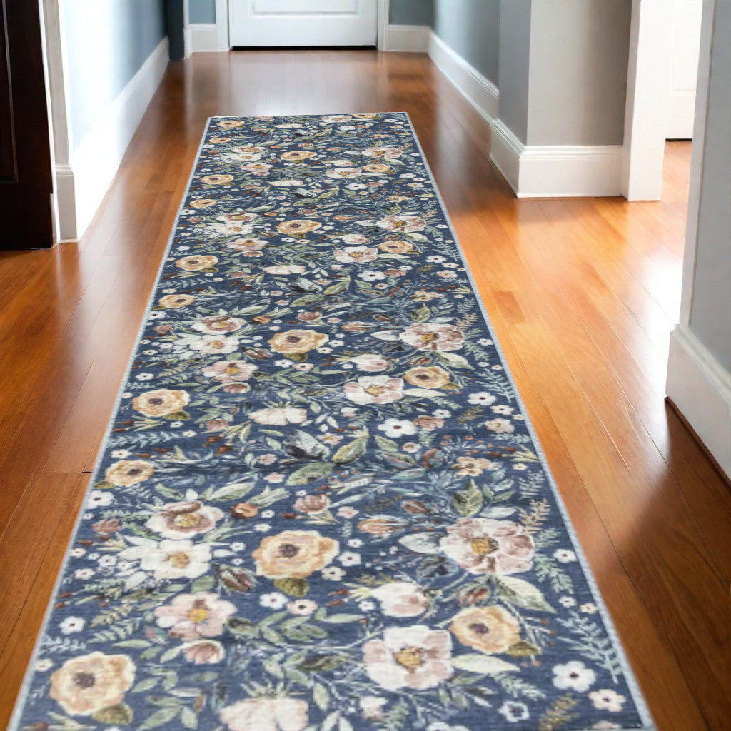 10' Runner Blue Floral Power Loom Washable Non Skid Runner Rug