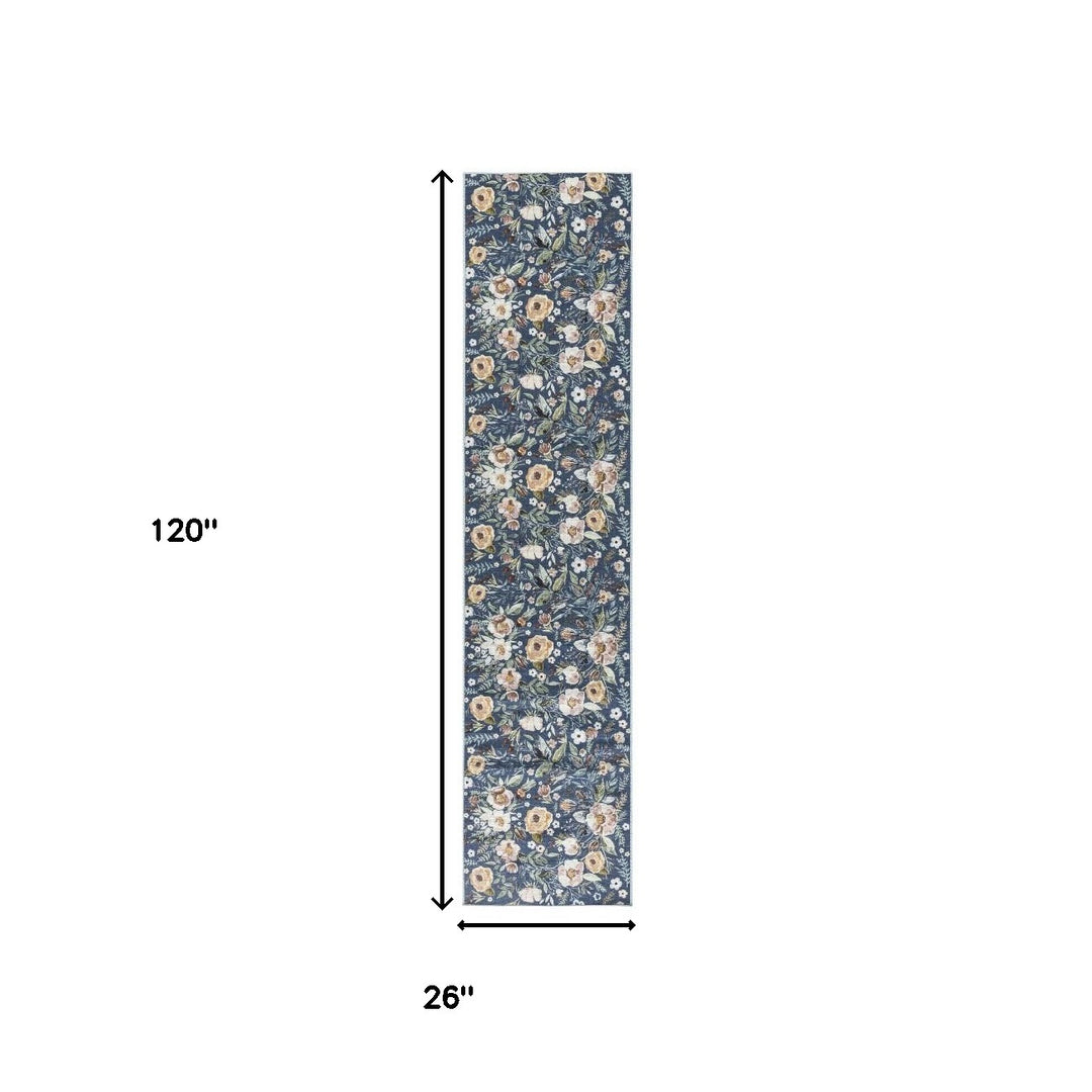 10' Runner Blue Floral Power Loom Washable Non Skid Runner Rug