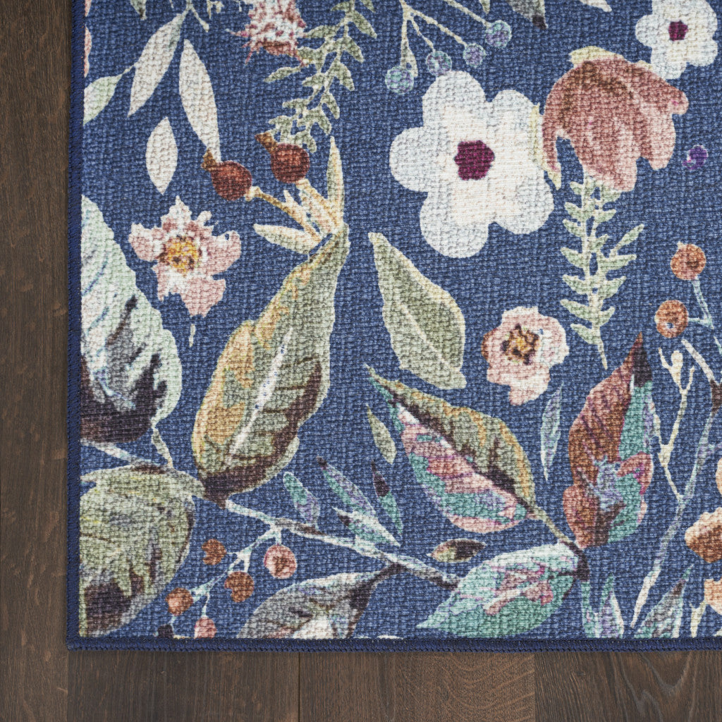 10' Runner Blue Floral Power Loom Washable Non Skid Runner Rug