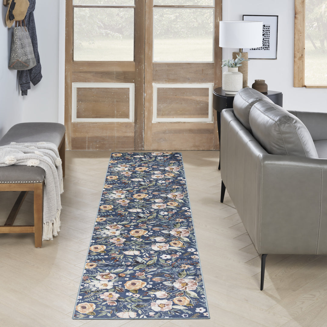 10' Runner Blue Floral Power Loom Washable Non Skid Runner Rug