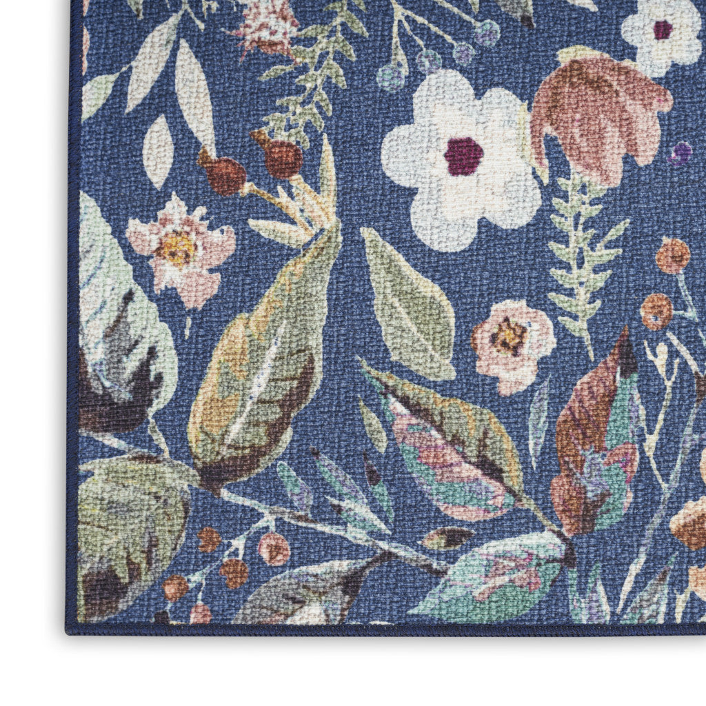 10' Runner Blue Floral Power Loom Washable Non Skid Runner Rug