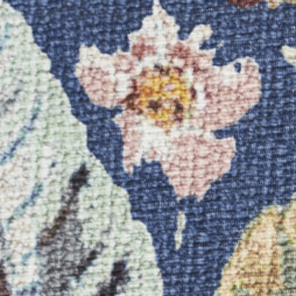 10' Runner Blue Floral Power Loom Washable Non Skid Runner Rug