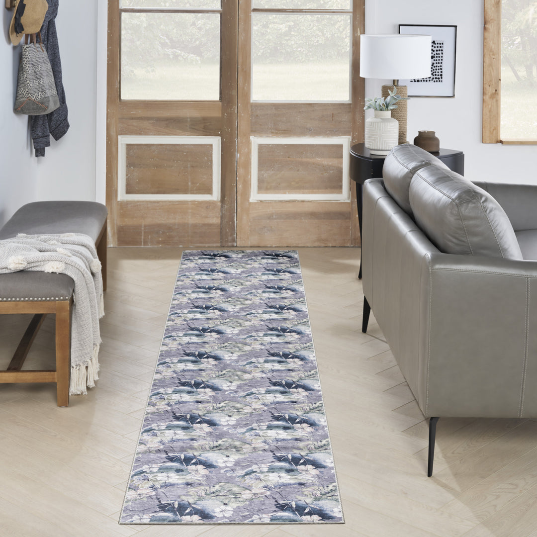 10' Ivory Blue and Gray Floral Power Loom Washable Non Skid Runner Rug