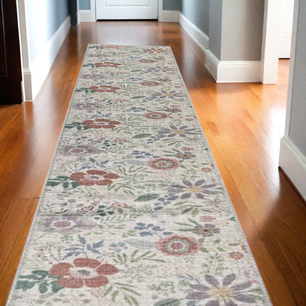 10' Runner Cream Floral Power Loom Washable Non Skid Runner Rug