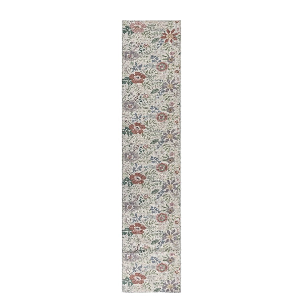 10' Runner Cream Floral Power Loom Washable Non Skid Runner Rug