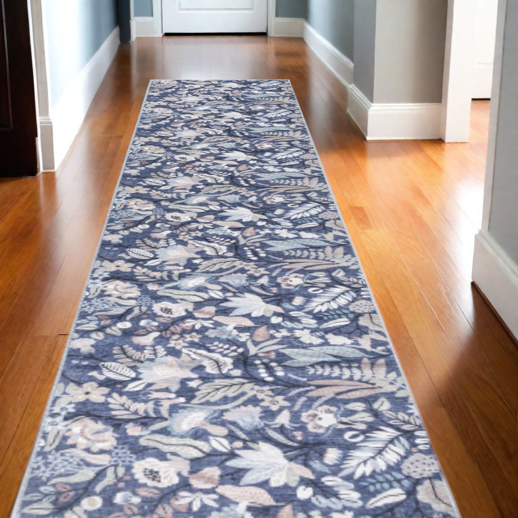 10' Runner Blue Floral Power Loom Washable Non Skid Runner Rug