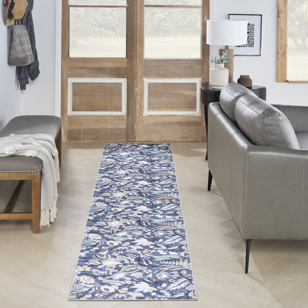 10' Runner Blue Floral Power Loom Washable Non Skid Runner Rug