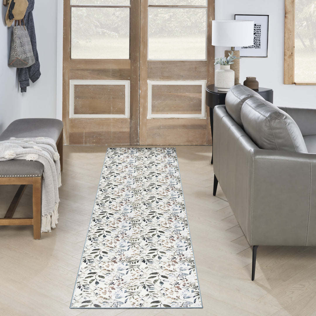 10' Runner Cream Floral Power Loom Washable Non Skid Runner Rug