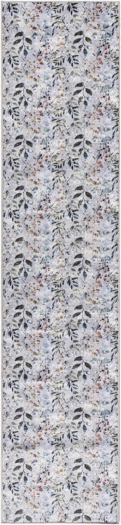 10' Runner Gray and Blue Floral Power Loom Washable Non Skid Runner Rug