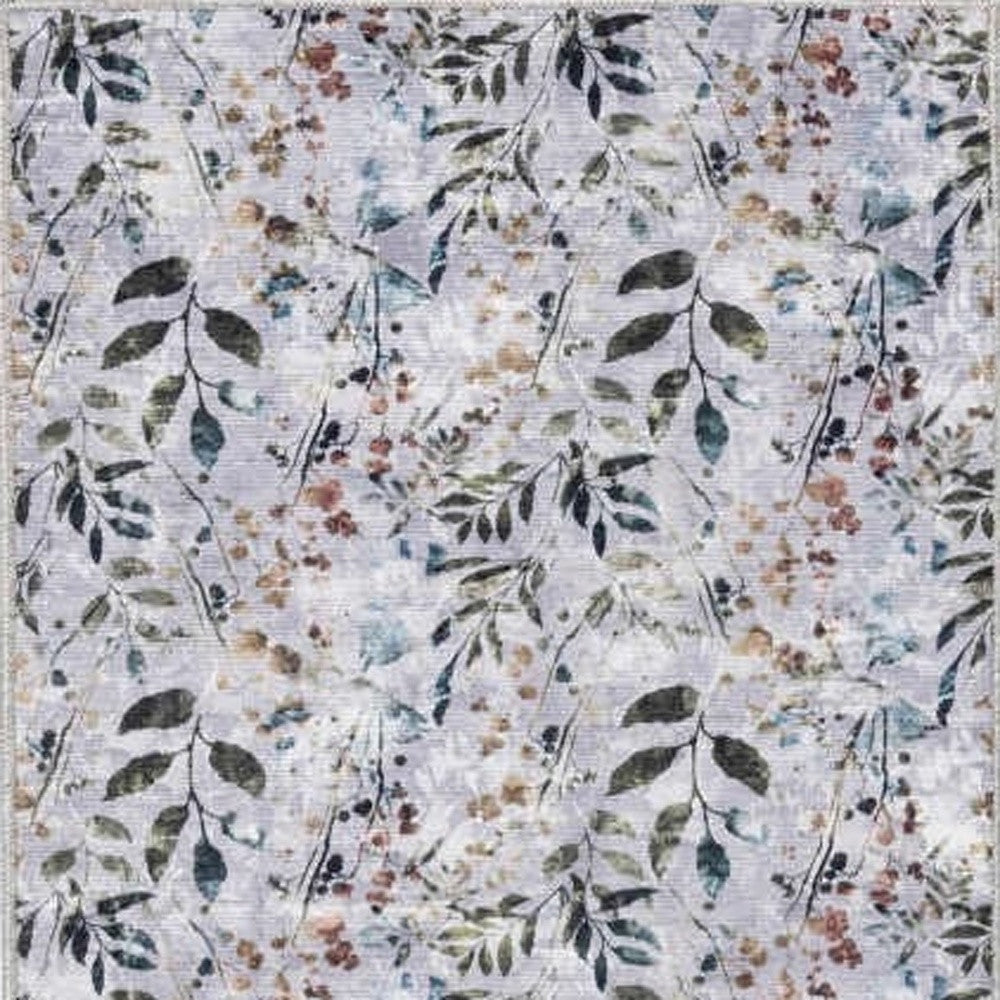 10' Runner Gray and Blue Floral Power Loom Washable Non Skid Runner Rug