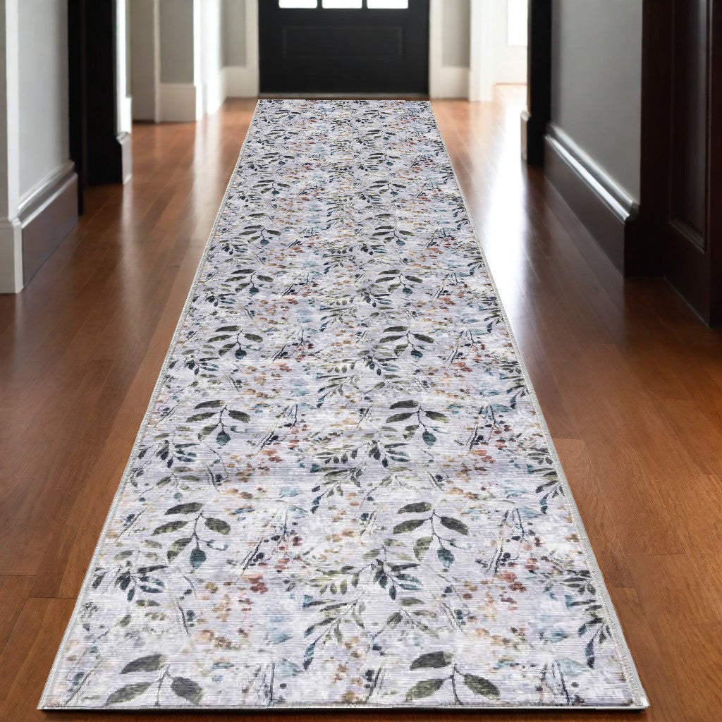 10' Runner Gray and Blue Floral Power Loom Washable Non Skid Runner Rug