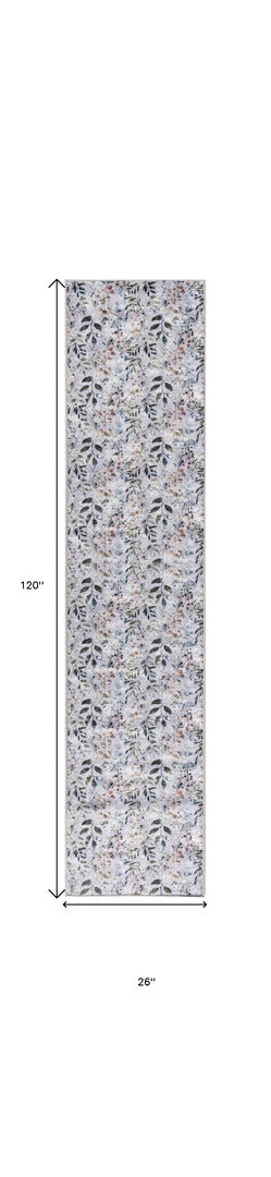 10' Runner Gray and Blue Floral Power Loom Washable Non Skid Runner Rug