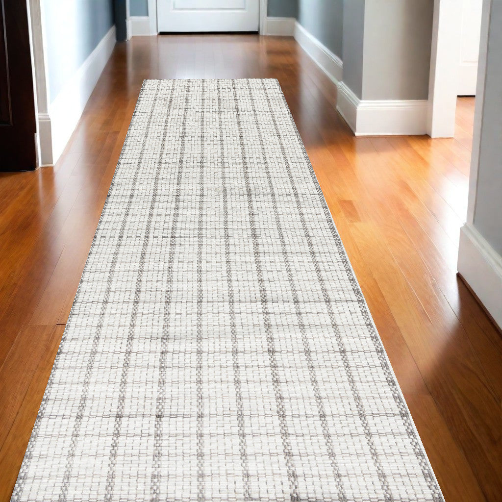 10' Runner Gray and Ivory Geometric Power Loom Washable Non Skid Runner Rug