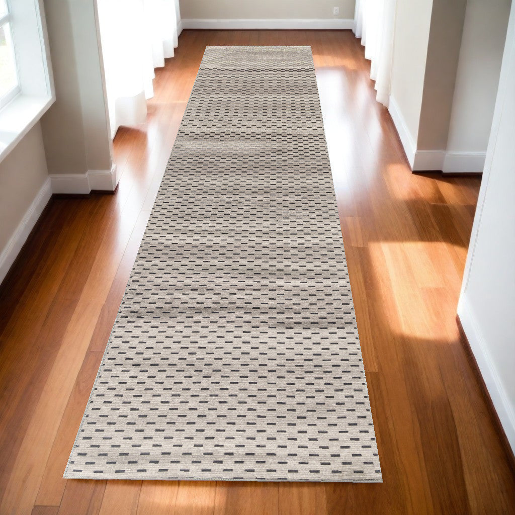 10' Runner Beige and Black Geometric Power Loom Washable Non Skid Runner Rug