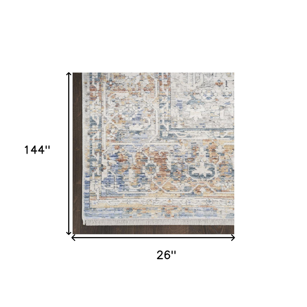 12' Ivory Blue and Orange Oriental Power Loom Distressed Runner Rug