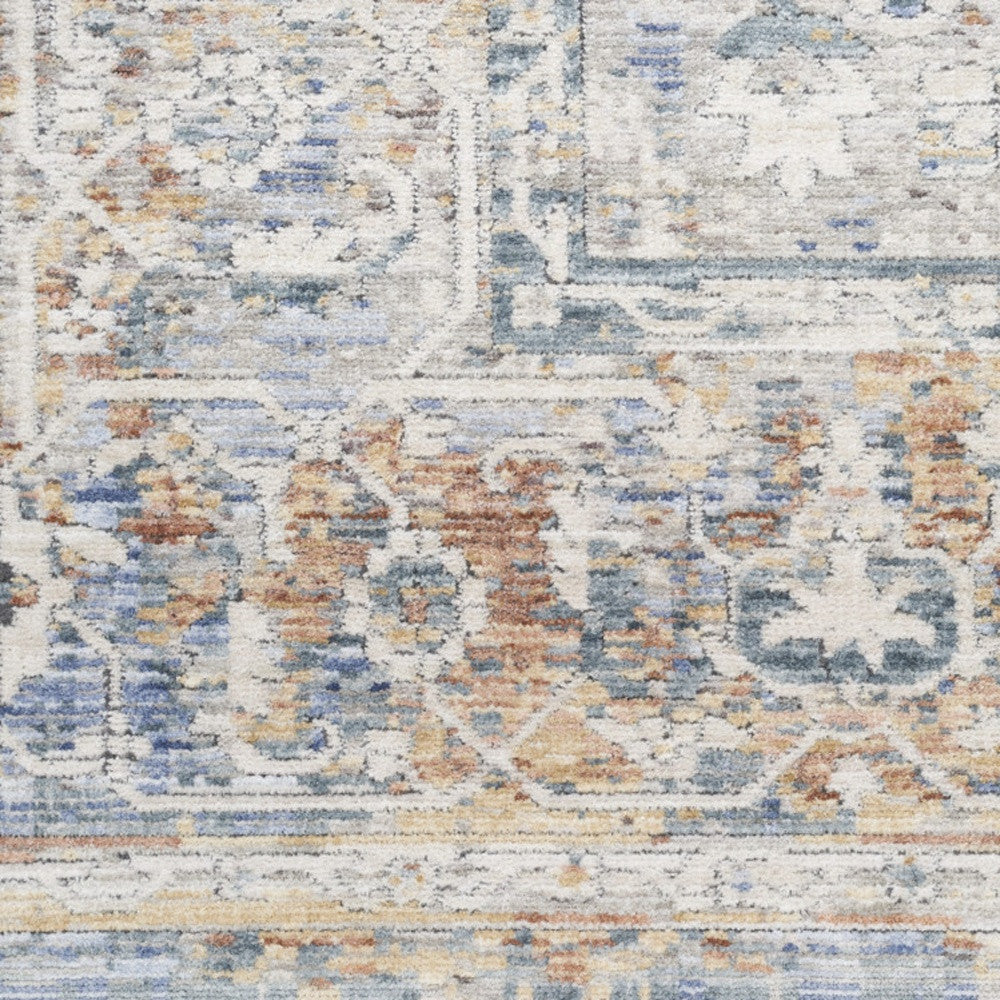 12' Ivory Blue and Orange Oriental Power Loom Distressed Runner Rug