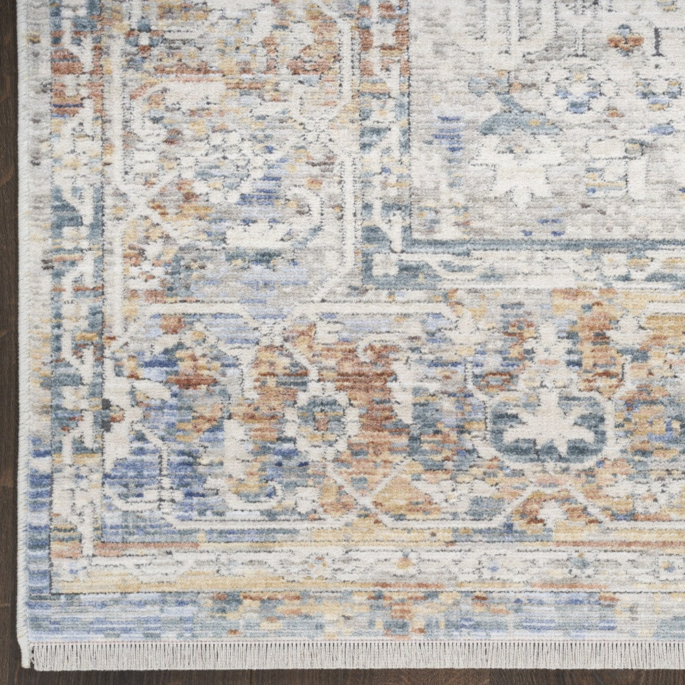 12' Ivory Blue and Orange Oriental Power Loom Distressed Runner Rug