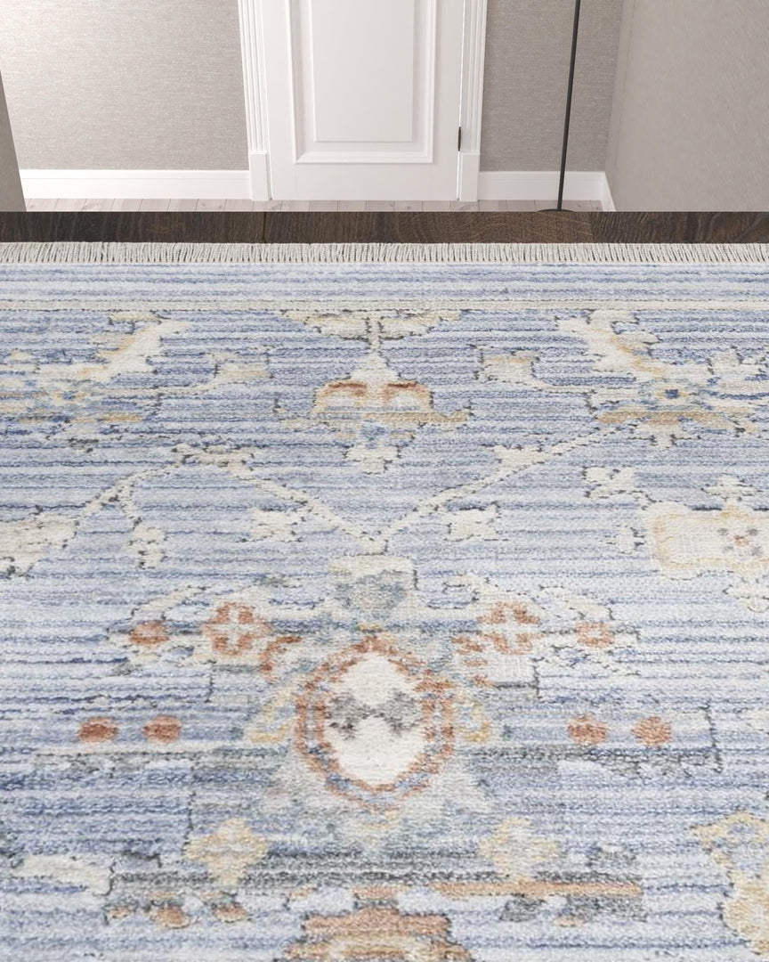 12' Blue and Ivory Oriental Power Loom Distressed Runner Rug