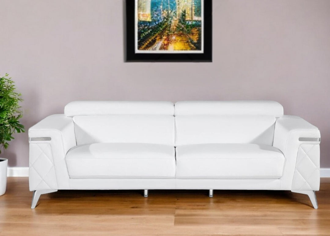 89" White Italian Leather Sofa With Silver Legs