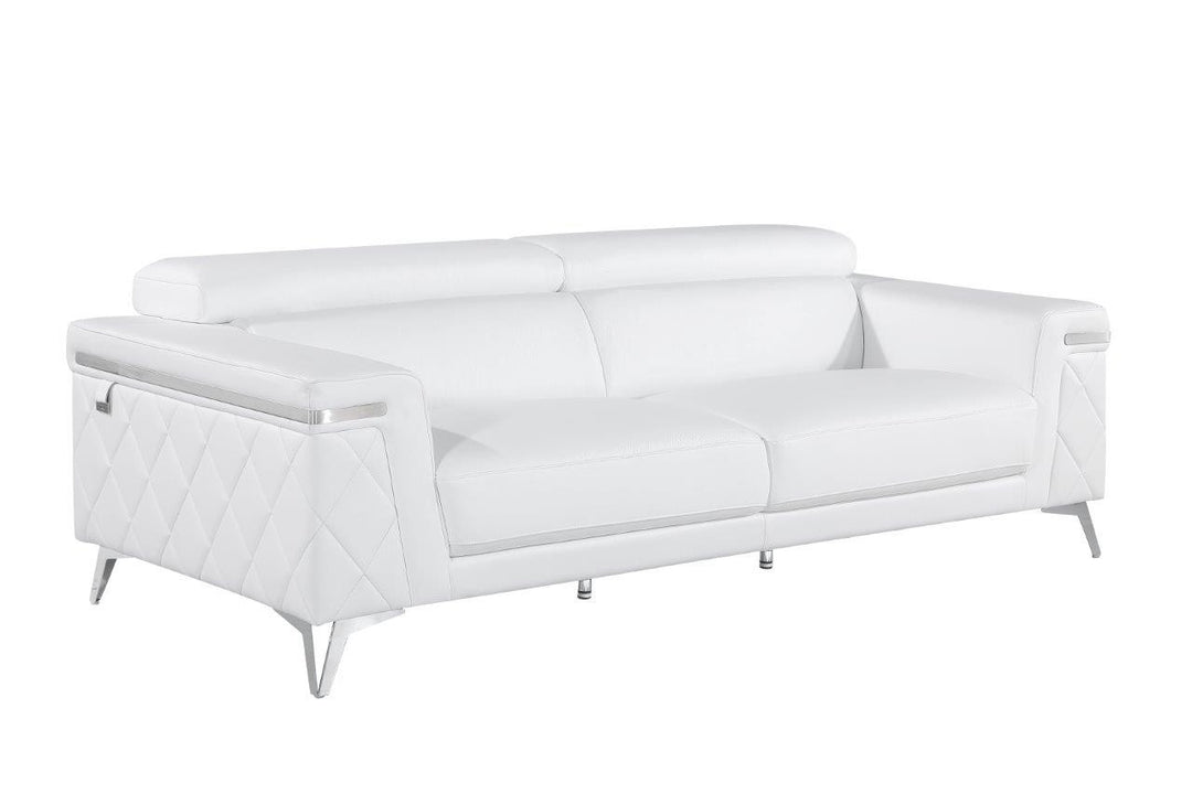 89" White Italian Leather Sofa With Silver Legs