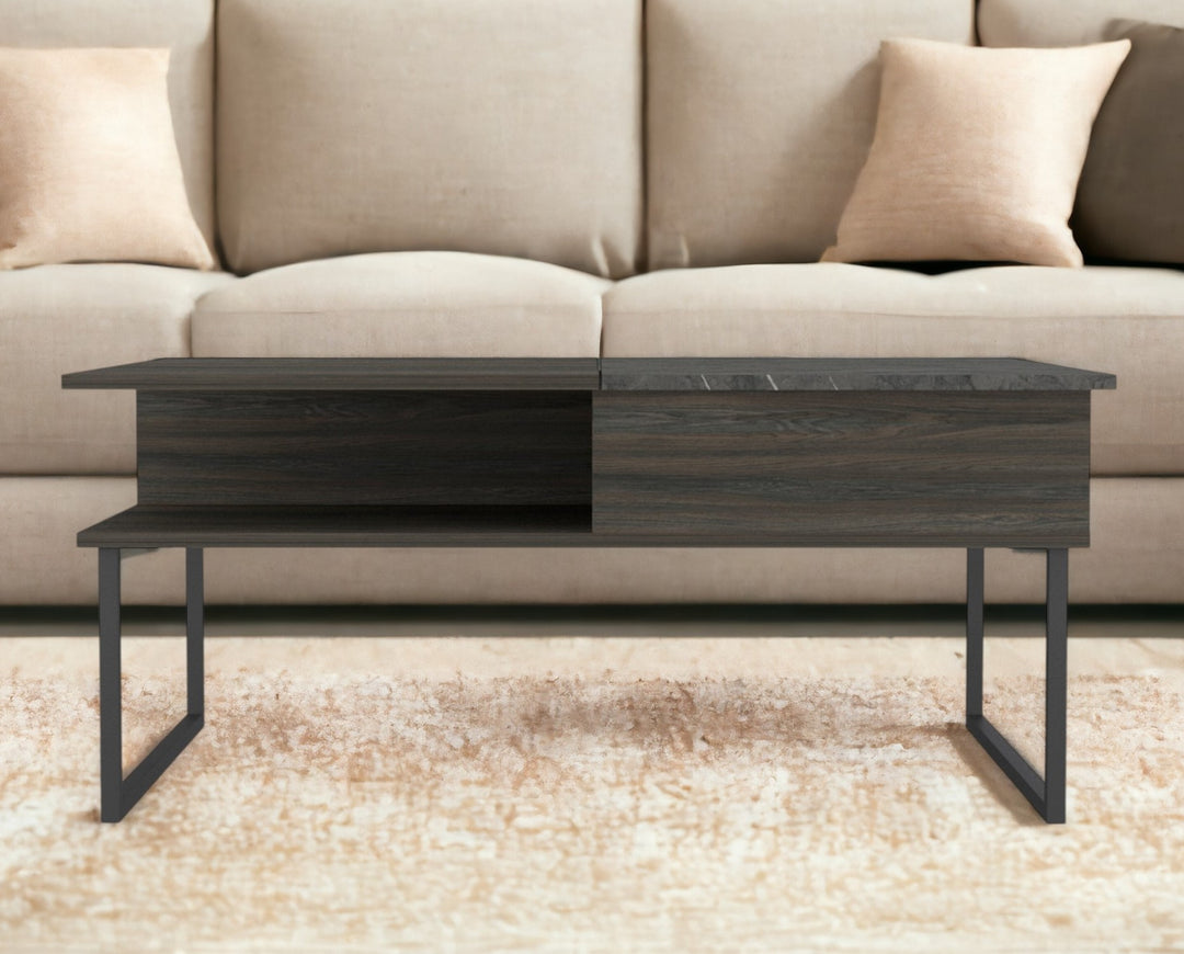 41" Espresso And Black Wood And Metal Lift Top Coffee Table With Shelf