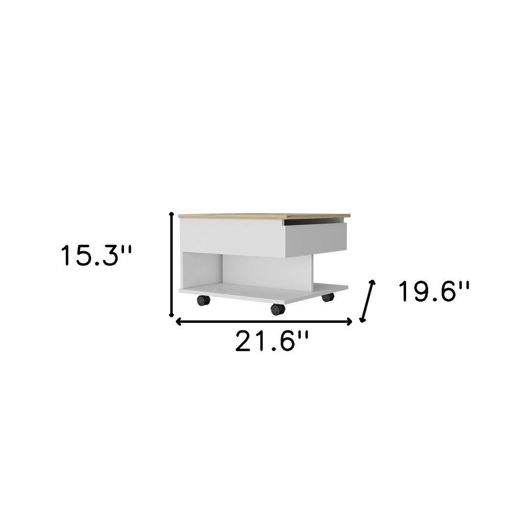 22" Natural and White Wood Lift-Top Coffee Table with Two Shelves